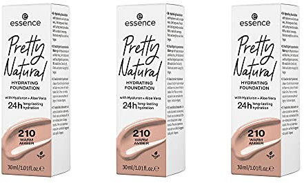 essence Pretty Natural HYDRATING FOUNDATION, Make Up, Nr. 210 Warm Amber, nude, feuchtigkeitsspendend, strahlend frisch, matt, vegan, ölfrei, ohne Alkohol, 3er Pack (3 x 30ml)