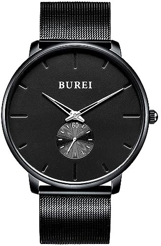 BUREI Herren Uhren Quarz Armbanduhr Schwarz Analoganzeige Schlichtes Klassisches Design Edelstahlband (Silber schwarz -13)