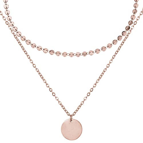 BONNYBIRD® Boho Kette Rosegold Damen Edelstahl Schmuck Goldkette Frauen Ketten Set Layering Halskette Wasserfest Vergoldet mit Anhänger Plättchen Doppelkette Bohemian Goldschmuck