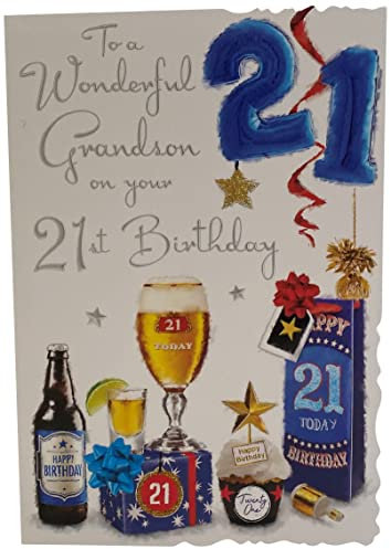 Jonny Javelin Wonderful Grandson Happy 21st Birthday Card - Age 21 Balloons Presents Beer Glass
