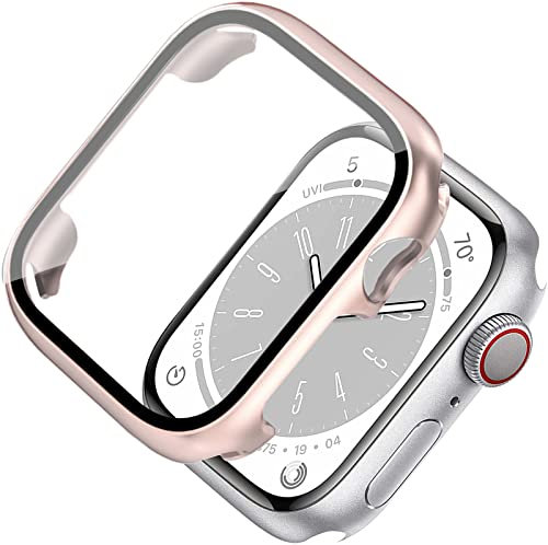Miimall Custodia compatibile con Apple Watch Series 87 45 mm vetro temperato proteggi schermo, ultrasottile rigido PC antiurto allaround Bumper Shell Cover protettiva per iWatch Serie 8 45 mmoro