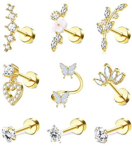Adramata 9 Pcs 16G Helix Piercings für Damen Chirurgenstahl Ohrringe Piercing Schmetterling Blume Schlange Ohrpiercing Ohrstecker Knorpel Ohrringe Set Helix Tragus Piercing Ohr Schmuck