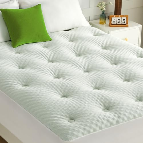 QUIETSEA Reversible Bamboo Queen Mattress Pad Memory Foam, Egg Crate Mattress Topper Queen Size, Noiseless Waterproof Mattress Cover with Deep Pocket Stretches up to 21, 60 x 80
