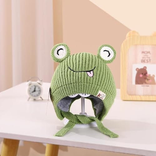 Winter Strickmütze für Kinder Mädchen Jungen, 1-2 Jahre Cartoon Frosch Strickmütze Babymütze Kinder Baby Mütze Warme Winter Beanie Hut Schlupfmütze Fleece Mütze mit Bindebändern Ohrenschützer,Grün