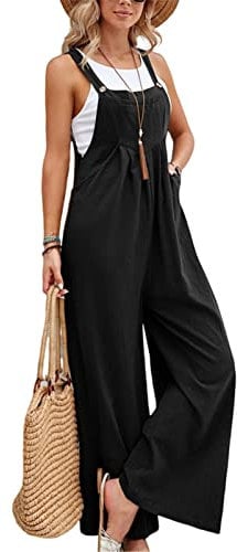 SotRong Dungarees for Women Uk Cotton Linen Culotte Jumpsuits & Playsuit Wide Leg Jumpsuit with Pocket Summer Holiday Boho Hippie Romper Casual Sleeveless Comfy Petite Overalls Black L