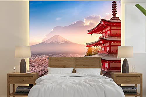 MuchoWow Papier peint Pagode - Sakura - Fuji - Branches fleuries - Japon Papier peint photo 240x240 cm Papier peint imprimé