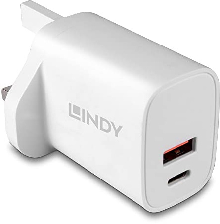 Lindy 20W USB Type A & C Fast Charger Plug, UK Fast Charging Plug For for iPhone, iPad, Samsung Galaxy,Dual Port Power Adaptor USB C Wall Plug