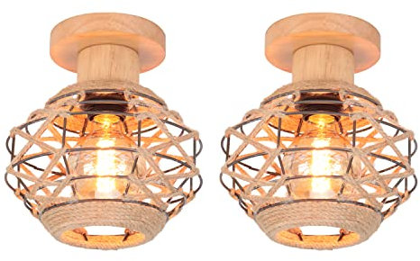 LIGKIN Lot de 2 Plafonnier Vintage Industrielle, E27 Lampe de Plafond Rétro, Ø20cm Abat-jour Cage en forme Diamant en Métal et Corde de Chanvre, Bois Lumière au plafond pour Salon Salle Chambre