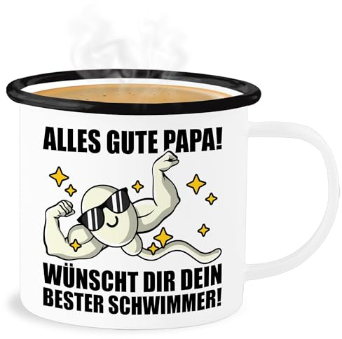 Emaille Becher Blechbecher - Geschenk zum Vatertag - Alles Gute Papa - Wünscht dir dein bester Schwimmer - 300 ml - Weiß Schwarz - vatertagsgeschenk vater von sohn männertag spermien daddy beste