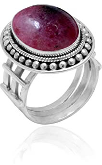 Veracity Jewelry 925 Sterling Silver Gemstone Statement Rings – Gift For Birthday Wedding Anniversary Mother's Day Ring – Vintage Boho Style Handmade Gifts (Rhodonite)