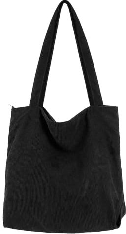 EKOCEV Cord Tasche Damen Schwarz Groß Umhängetasche mit Reißverschluss, Tote Bag Damen Cordtasche Shopper für Schule Einkaufen Arbeit Reisen und Alltag