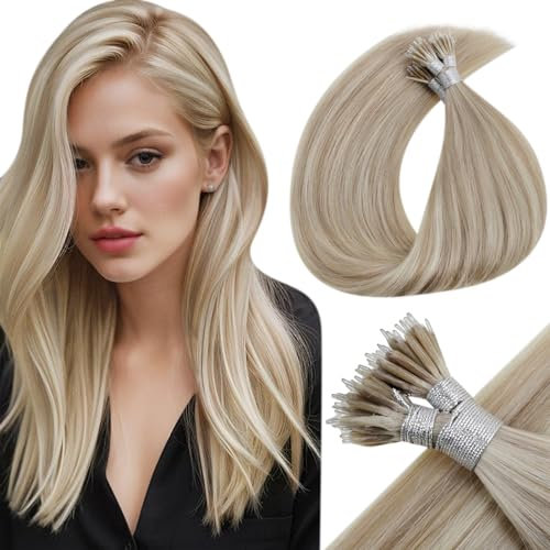 LaaVoo Nano Hair Extensions Real Human Hair Blonde Nano Beads Hair Extensions 22 Inch Highlight Medium Blonde Invisible Nano Ring Straight Remy Hair 50g 50s #18/613