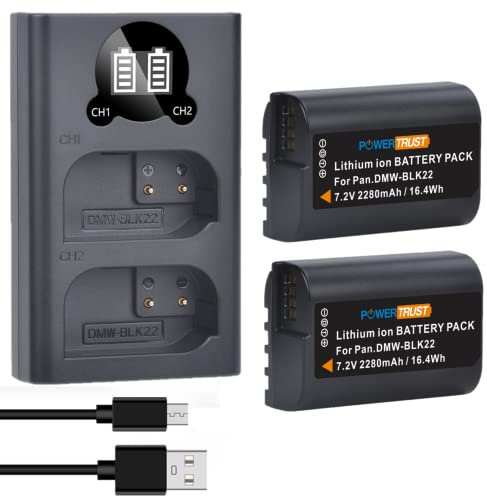 PowerTrust 2Pcs 2280mAh DMW-BLK22 Battery and LED USB Charger for Panasonic LUMIX DC-S5, S5 II, S5 IIX, GH5 II, GH6,S5M2, S5M2X, GH5M2
