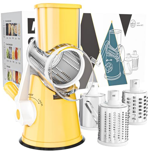 Cambom Rotary Cheese Grater Hand Crank Cheese Shredder for Fresh Cheese, Vegetable, Nuts,Non-slip Suction Base, Free Cleaning Brush Three Blades,Yellow