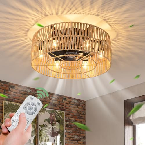 Ganeed Ventiladores de Techo con Luces Ventilador de Techo Estilo Industrial Cottagehouse 48cm Boho Rattan Lámpara Enjaulada E27 Empotrada con Mando a Distancia Negro 6 Luces