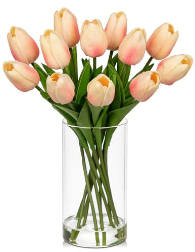 Hollyone 12 Tulpen Künstlich Wie Echt Rosa Klein Unechte Blumen Tulpen im Vase Kunst Tulpen Aesthetic Gefälschte Tulpen Blumen für Haus Zimmer Hochzeit Partei Deko