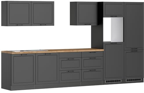 Lomadox Küche Einbauküche Küchenzeile 360 cm in grau, Arbeitsplatte in Eiche