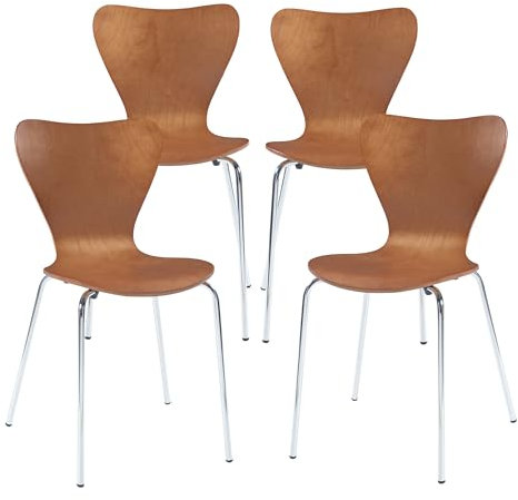 [en.casa] Lot de 4 chaises de Salle à Manger Empilables avec Siège Confortable Construction Robuste Capacité 150 kg Salon Bureau Coque Contreplaqué de Bouleau Métal 80 x 48 x 46 cm Effet Noyer Chrome