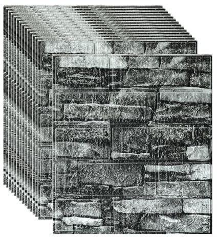 Panneaux Muraux en Briques 3D Peel and Stick Papier Peint Adhesif Mural Mousse PE Imperméable Autocollantes Murales pour Cuisine, Salon, Chambre à Coucher, Buanderie (Pierre Noire, 24 Pièce)
