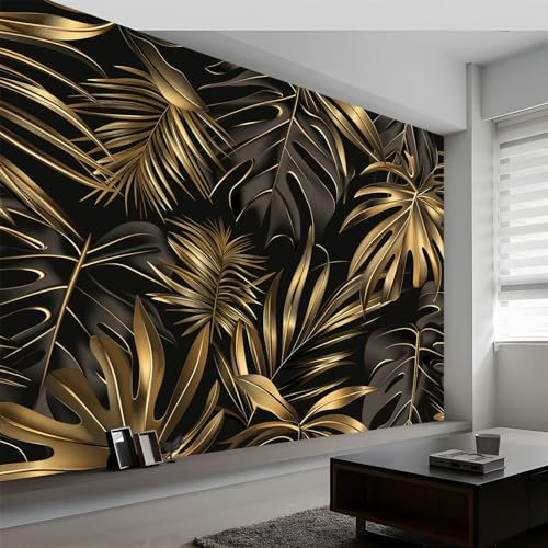 3D Panoramic Custom Wallpaper Mural, 200 x 140 cm Wall Poster Tropical Plant Palm Leaves Photo Wallpaper 3D Effect, Black and Gold Wallpaper Mural - Poster Decoration for Bedroom Living Room Corridor