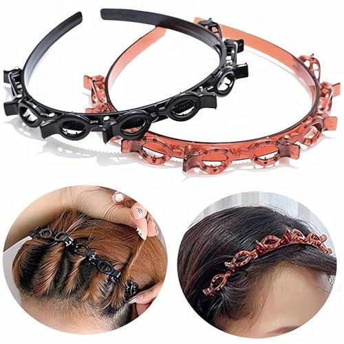 Haarreif mit Klammern, 2 Stück Haarreif mit Clips, Geflochtene Haarspangen, Hair Twister Haarreifen, Clips Haar Accessoire für Frauen und Mädchen(Schwarz,Braun)