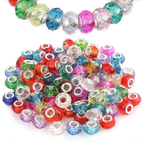 100 cuentas acrílicas de agujero grande, cuentas de cristal de Murano de colores mezclados con núcleo de latón plateado, varios espaciadores facetados europeos, cuentas sueltas para bolígrafos