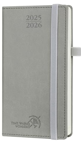 POPRUN Taschenkalender 2025 2026 Klein 16,5 x 9 cm (Aug.2025-Dez.2026) - Kalender 2025 2026 Klein mit PU-Leder - Terminplaner, Planer 1 Woche 2 Seite mit Stiftschlaufe - Grau