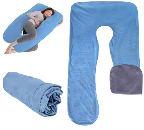 WIYETY Schwangerschaftskissenbezug U-Förmiger Kissenbezug: Abnehmbarer Baumwolle U Form Mutterschaft Kissenbezug, Ersatzbezug für Erwachsene Stillkissen, Maschinenwaschbar, 140 x 80 cm, Blau + Grau