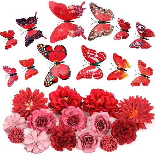 MWOOT 26 Stück Künstliche Blumenköpfe 3D Schmetterlinge, Kunstblumen Schmetterlinge Deko Klein für Handwerk, Gefälschte Rosen Nelke für DIY Kranz Kuchen Hochzeit Party Haus Garten Dekoration(Rot)