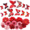 MWOOT 26 Stück Künstliche Blumenköpfe 3D Schmetterlinge, Kunstblumen Schmetterlinge Deko Klein für Handwerk, Gefälschte Rosen Nelke für DIY Kranz Kuchen Hochzeit Party Haus Garten Dekoration(Rot)