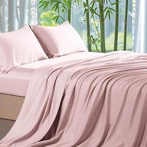 Gezu Bambus Spannbettlaken 200x200cm Rosa Atmungsaktiv kühlende | Betttuch Weich Atmungsaktive Hypoallergen Bambus Laken Bettlaken Spannbettlaken Sommer Kühlend für Hohe Matratze bis15-30cm