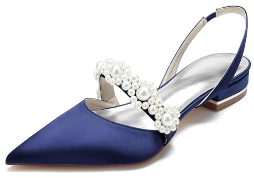 HQINGAXU Women Pointed Toe Bridal Flats Pumps Satin Slingback Wedding Dress Shoes Formal Party Pearl Ballet Evening Wide Fit Block Heels Sandals,Navy,7 UK