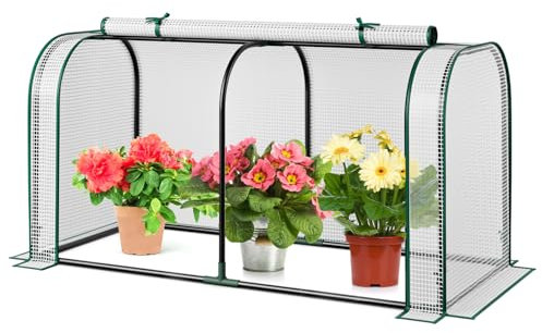 RELAX4LIFE Serre de Jardin 118x55x60 cm, Couverture de Jardinière avec Porte Enroulable, Bâche Renforcée en PE, Cadre en Tube en Métal, Serre Hivernage Serre Balcon pour Tomate,Fraises (Blanc)