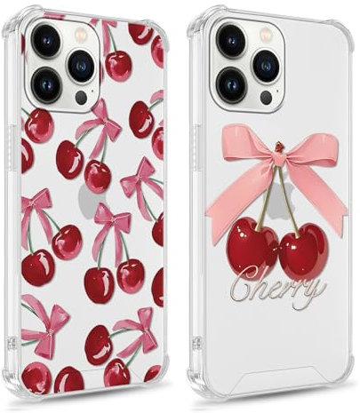 Foonary 2 Pack Transparent Cherry Bow Print Phone Case for iPhone 16 Pro 6.3,Soft Silicone with Cute Design Aesthetics Clear Pattern Cases,Shockproof Bumper Protector Cover Girls for iPhone 16 Pro