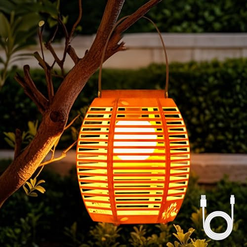Solarlaterne für Außen, Solar Lampions Außen Wetterfest,Rattan Bambus Weberei Solarleuchten,Hängend/Stehend,Highlight Antiker Charme Solarlampen für Balkon, Terrasse, Garten Deko (Solar+USB Premium)