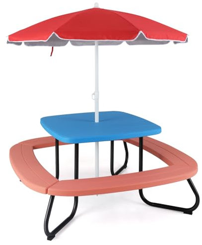 RELAX4LIFE Set Tavolo e Sedie per Bambini, Set Mobile da Esterno con Ombrello Parasole da Esterno, Tavolino e Panche da Giardino Terrazzo Balcone, Mobile da Picnic e BBQ (Modello 11)
