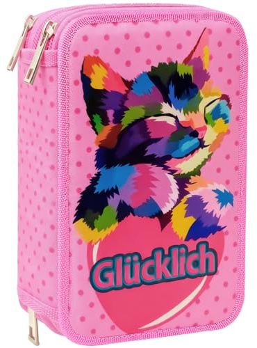 REKITA Federmäppchen Set 40-Teilig Gefüllt mit Bunt- und Filzstifte | 3-Fächern Mäppchen mit Kleingeld-Fach | Aus Recycling-Oxfordstoff | Schulstart Set für Kinder und Jugendliche Magenta-Katze