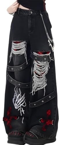 Y2K Ripped Grunge Baggy Jeans Byxor Emo Dam Goth Raka Ben Byxor Hög Midja Alt Y2K Kläder