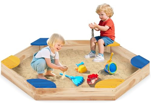 COSTWAY 2 en 1 Bac à Sable Enfant Extérieur avec 6 Bancs Intégrés, Bac à Sable en Bois Sapin Hexagone 140x122cm, Charge 30kg pour 3 Ans+, Jeux Extérieur pour Jardin Maison Plage