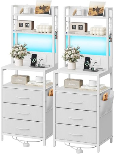 Dripex LED Nightstand 2-Pack, Charging Station, 3 Drawers, White | 2 x 40 x 30 x 110 cm, Charging Station with USB Ports, 3 Fabric Drawers, Metal Frame, LED, Space-Saving