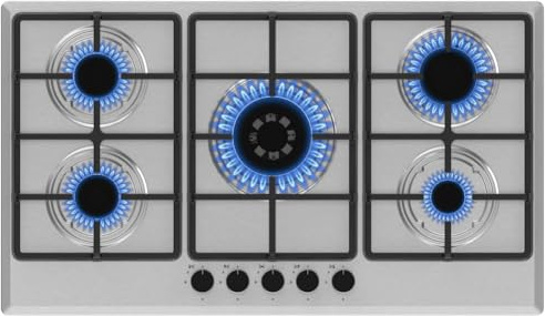 BAKAJI Plaque de cuisson en acier inoxydable et fonte avec 5 brûleurs et boutons à cavalier pour contrôle ergonomique, brûleur à gaz pour cuisine facile à nettoyer, grilles lavables et amovibles, 90 x