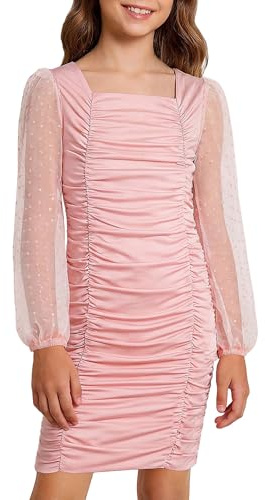 Rolanko Robe Fille Ado Moulante en Satin, Manches Longues Bouffantes Mesh, Col Carré, Robe Mini Froncée Élégante