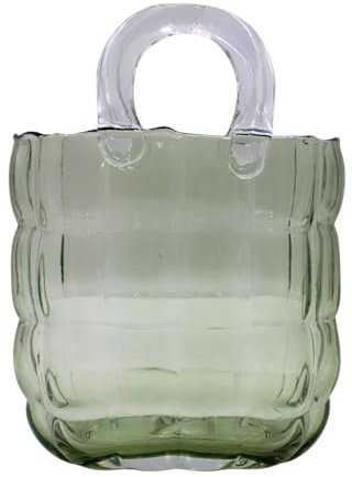 XL Blumenvase, Dekovase, Pflanzenvase, Tischvase, Glasvase, Blumenvase als Handtasche, Handtaschenvase aus Glas, in hellgrün mit Henkel, Größe: L/B/H 19 x 10 x 26 cm.