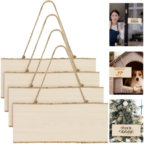 FTISSLY 4 Stück Holzschilder zum Beschriften Holzschild Blanko Hängendes Holztafel Türschild Holz Rechteckige Holzplatten zum Aufhängen Holzbretter mit Seil für DIY Brandmalerei Café Bar Malen Deko