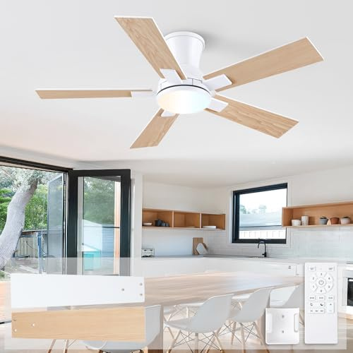 Wellspeed 42inch White Flush Mount Ceiling Fan with Light and Remote | Low Profile Ceiling Fans with Lights, 6-Speed, Reversible , DC Motor Quiet LED Dimmable for Bedroom, Indoor and Cover Outdoor