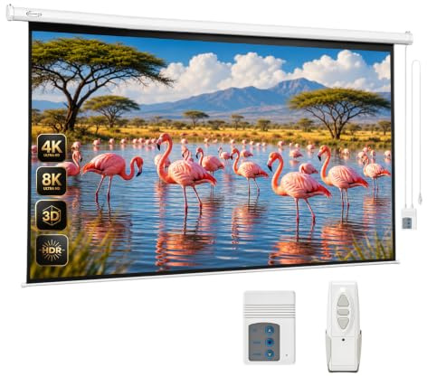 Bonnlo 100 Inch Electric Projector Screen 16:9 Motorised Projection Screen with Remote Control, Matte White 4K HD Home Cinema Screen, Wall/Ceiling Mount, for Home Theatre Office Outdoor