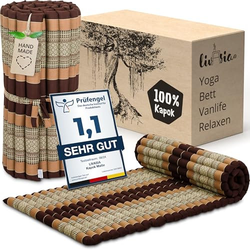 livasia Rollmatte Rollmatratze M schmal Einzelbett - 200x75x4,5cm - Gästebett Gästematratze 1 Person mit Muster, Reisebett Kofferraum Outdoor, Thaimatte Kapok Garten handgefertigt (Braun)