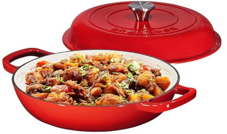 Bruntmor 3.8 Quart Dutch Oven Pot with Lid - Enameled Cast Iron Paella Pan - Ceramic Coated Cast Iron Braiser Pan for Baking, Braising, Roasting, Slow Cooking, and Stovetop Use - Gradient Red