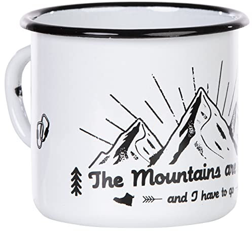 MUGSY I Emaille Tasse The Mountains are calling, 330 ml Camping Tasse mit Spruch, Camping Becher I Schwarz Weiß