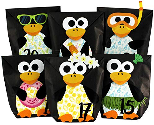 Papierdrachen DIY Adventskalender 2024 zum Befüllen - ausgestanzte Pinguine (Hawaii Edition) - mit 24 schwarzen Papiertüten zum selbst Befüllen und zum Selberbasteln - Weihnachten für Kinder